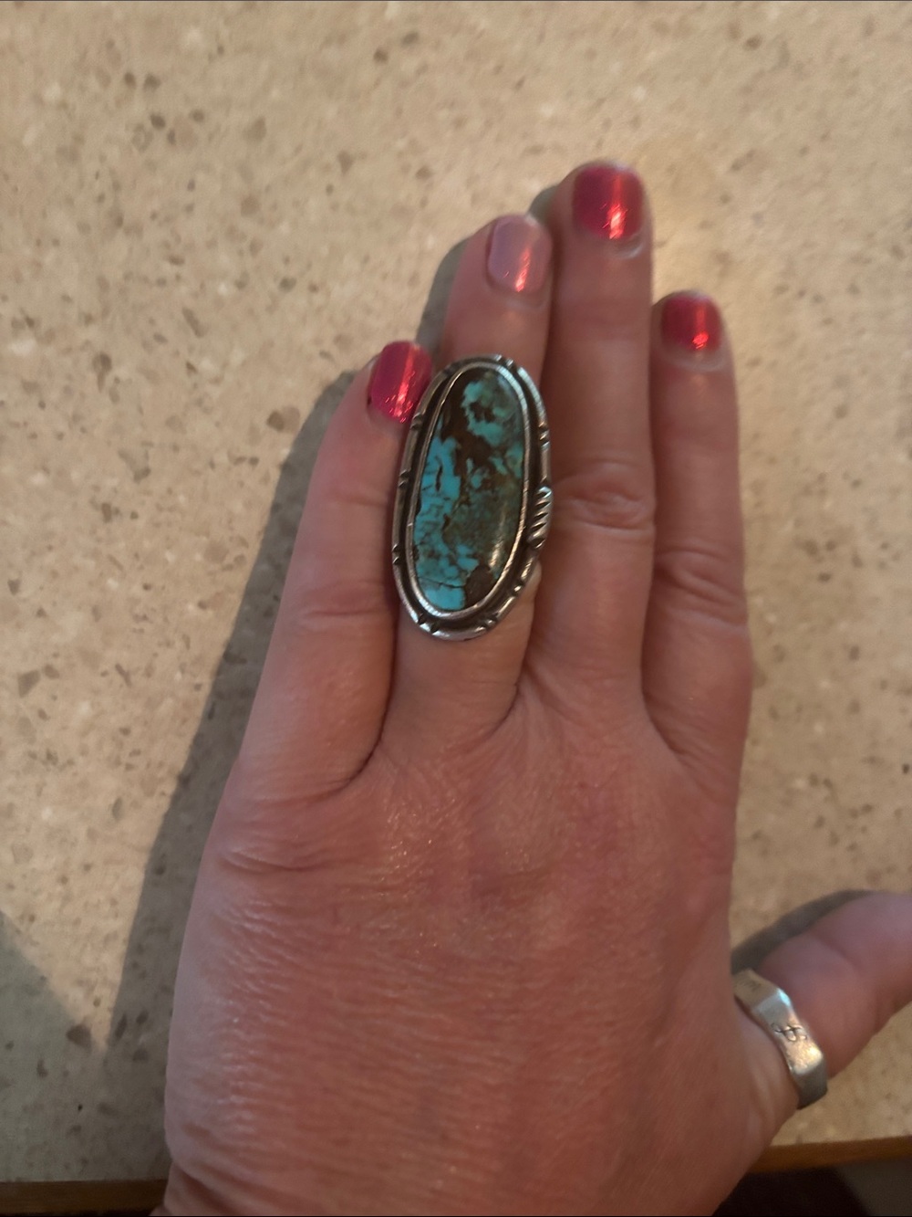 Sterling Silver Turquoise Oval Statement Ring Size 5.5 - Picture 6 of 6